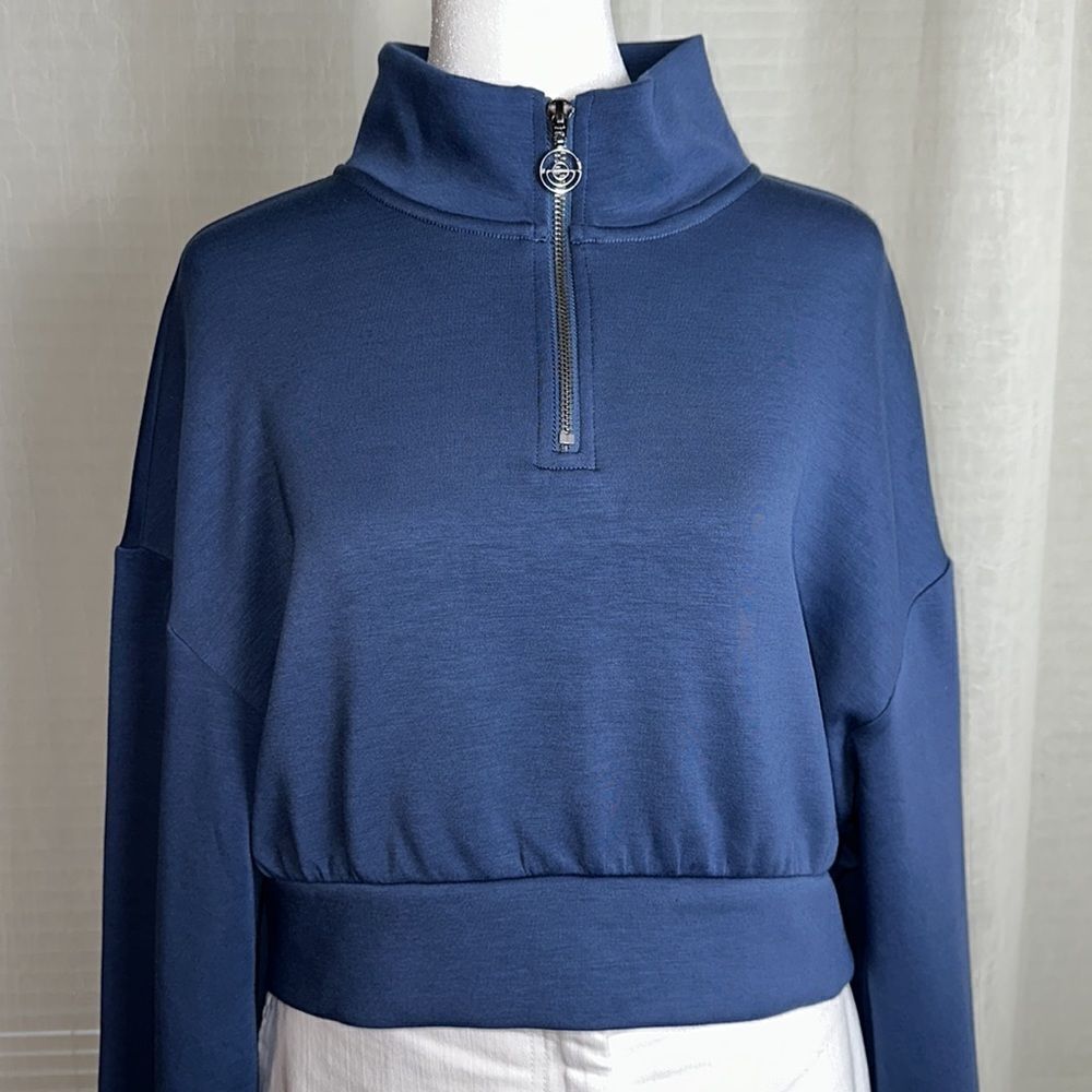 GILLY HICKS M Indigo Blue Quarter Zip Cropped Boxy Fit Pullover Sweatshirt